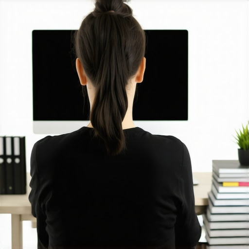 Optimizing Monitor Height with Books An ergonomic desk setup showing a monitor raised to eye level to prevent neck strain.