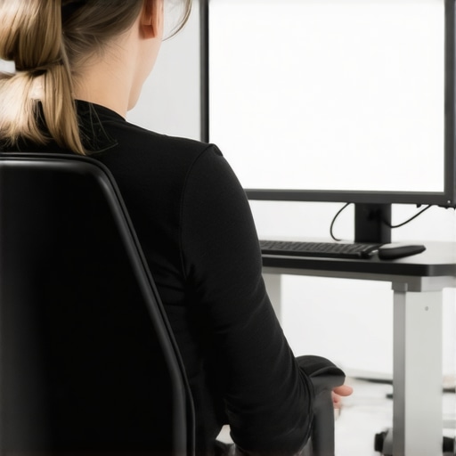 Person demonstrating the correct use of a lumbar roll and monitor height for back health and posture