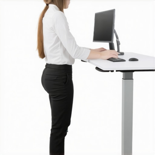 A person demonstrating the perching stool method at a standing desk to reduce back pain.