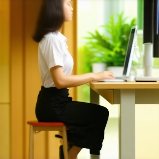 Postural Variability in Action Person demonstrating active sitting and movement at an office desk to prevent back pain.