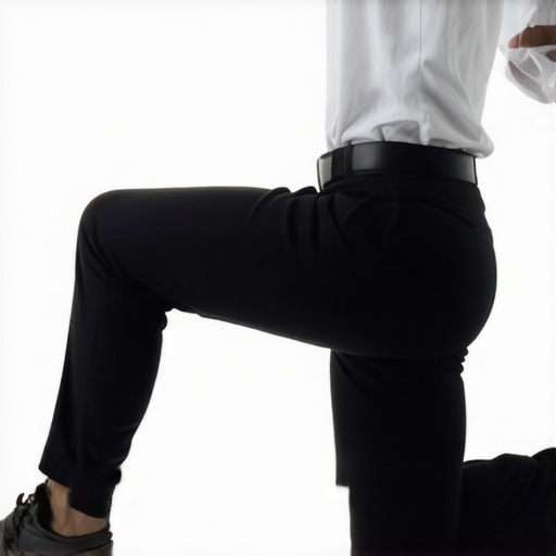 A man performing a neurological hip reset drill next to an office desk to alleviate sitting pain.