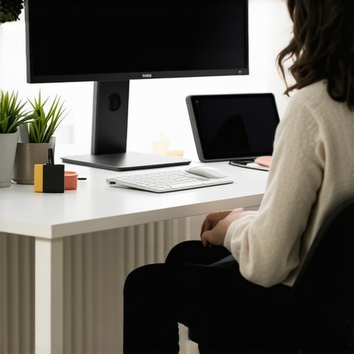 Practical Home Office Ergonomics Person using lumbar support and monitor riser for better posture