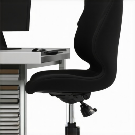 A D-shaped lumbar roll on an office chair and a monitor raised for better posture.
