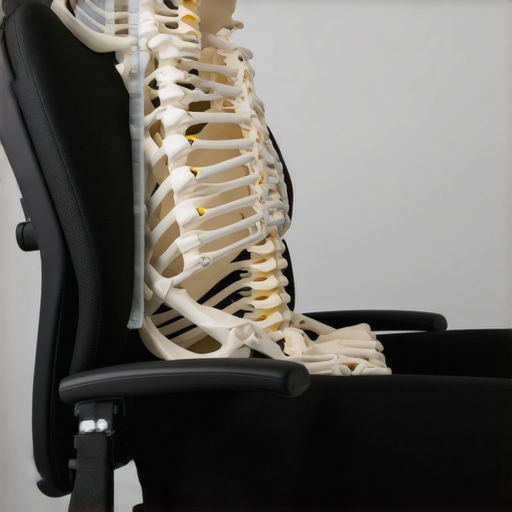 Person demonstrating rib cage expansion while seated at a desk to improve breathing and posture.