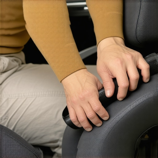 Close up of an ergonomic lumbar roll being placed in a car seat for sciatica relief