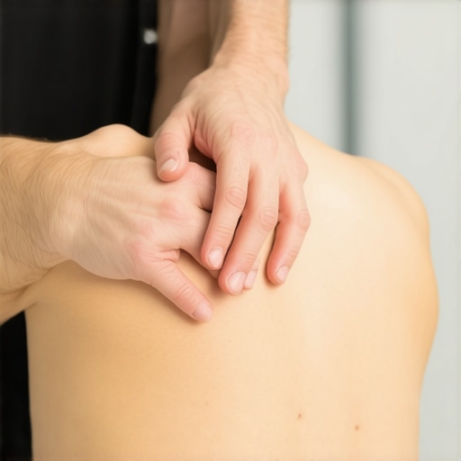 Chiropractor adjusting a patient's upper back to relieve shoulder blade pain.