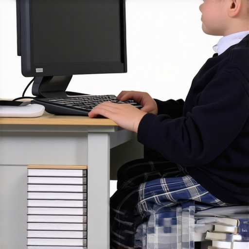 A child demonstrating correct ergonomic sitting posture at a desk with feet supported and back straight.
