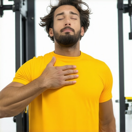 Man demonstrating abdominal bracing to prevent neck tension during exercise