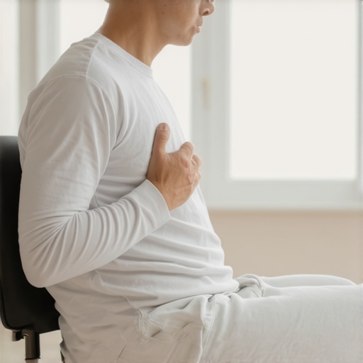 A person demonstrating the connection between breathing and posture to reduce neck tension.