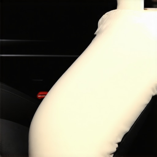 A black foam lumbar roll positioned for lower back support in a vehicle seat.