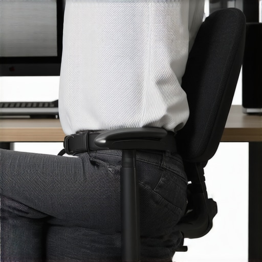 A person demonstrating the correct use of a lumbar roll in an office chair to maintain a neutral pelvic position.