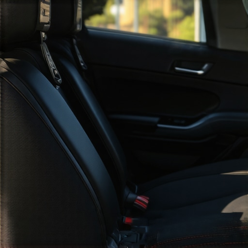 A person using a lumbar roll in a car seat to maintain spinal curvature and height.
