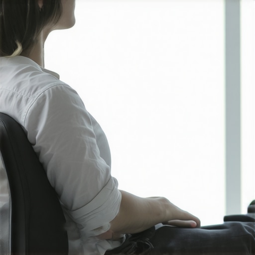 A person using a lumbar roll in an office chair to maintain spinal posture.