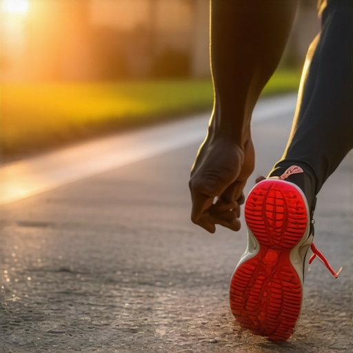 Close-up of runner using mid-foot strike on concrete to reduce knee impact.