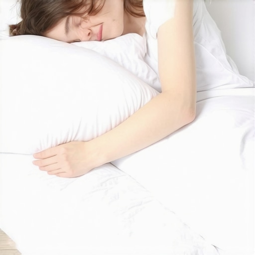 Man demonstrating correct side sleeping posture using pillows for shoulder and hip support