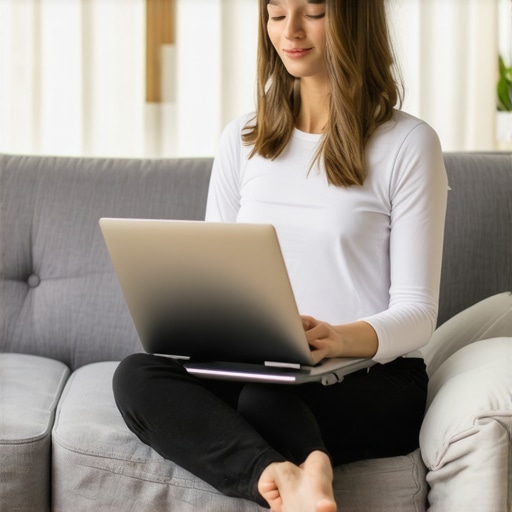 Proper Sofa Ergonomics Setup An illustration of how to sit ergonomically on a sofa with pillows and a laptop stand.