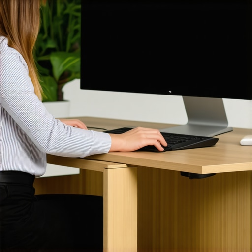 A person using a standing desk with correct elbow and monitor alignment for better posture.