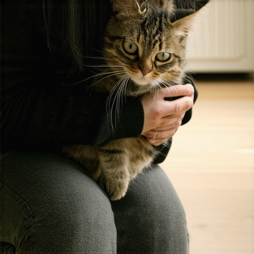 Proper ergonomic posture for lifting a pet safely A person demonstrating the correct squatting posture to lift a cat without back strain.