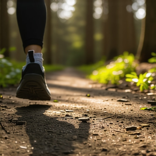 Proper mid-foot strike in minimalist shoes Close up of a person demonstrating a mid-foot strike while walking in zero-drop footwear on a natural trail.