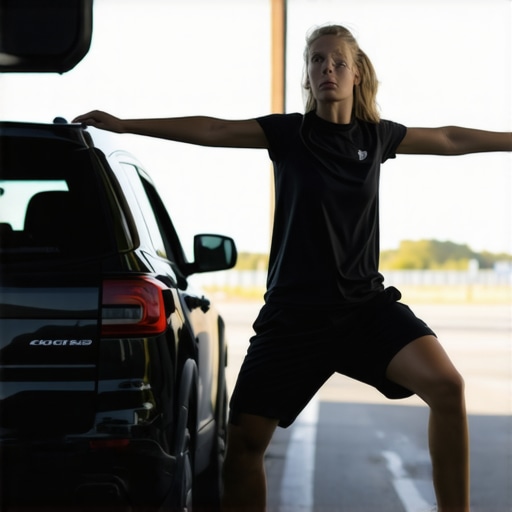A driver performing a standing hip flexor stretch next to their car to relieve lower back pain.