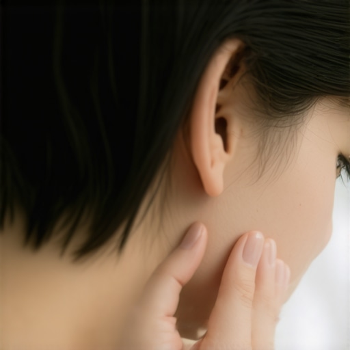 Relieving Jaw Tension with Self-Massage Close-up of a person performing a jaw massage to relieve tension and upper back pain.