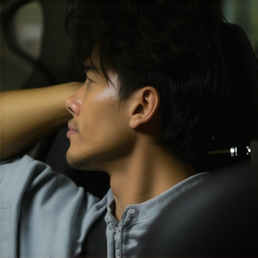 A driver performing a gentle isometric neck stretch inside a car cabin to relieve muscle tension without cracking their neck.
