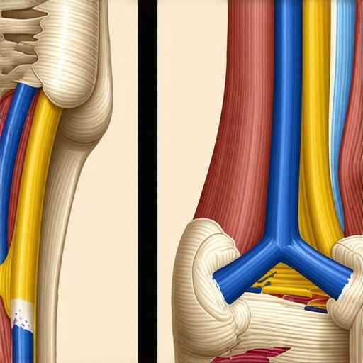 Anatomical diagram of the sciatic nerve path from spine to foot showing potential office-related compression points.