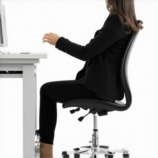 A professional performing a hip reset mobility exercise while sitting in an ergonomic chair to relieve back pain.