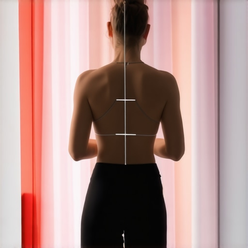 Self-Assessment for Pelvic and Spinal Alignment Diagram-style photo of a person checking their posture and hip levels in a mirror.