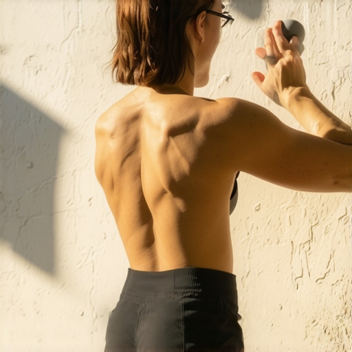 Self-Myofascial Release for Shoulder Mobility Man using a lacrosse ball against a wall to release shoulder tension and stop clicking.
