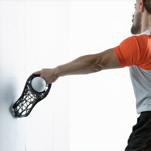 A person targeting deep glute tension using a lacrosse ball against a wall for postural relief