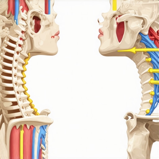 Medical diagram comparing a neutral spine to a misaligned spine with muscle knots.