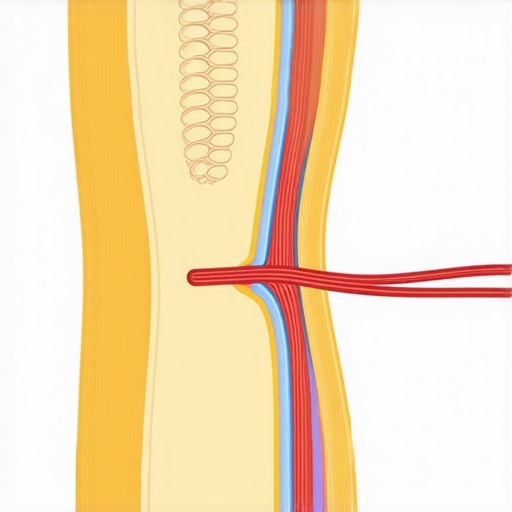 Spinal Disc Comparison Diagram Diagram comparing a healthy spinal disc to a herniated disc compressing a nerve.