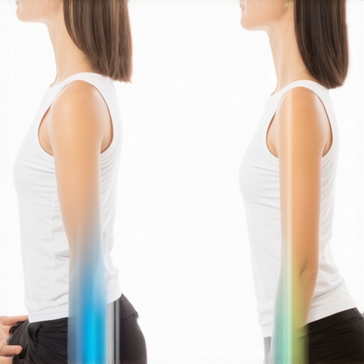Diagram comparing the tension of rigid static posture versus healthy dynamic movement at a desk.