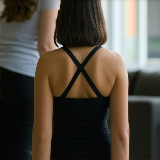 Teenager performing the Adam's Forward Bend Test at home A parent checking a teenager's spine for scoliosis using the forward bend test.