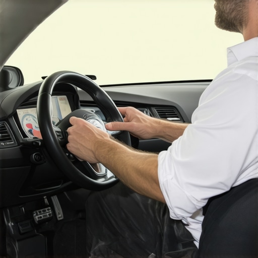 Driver focusing on diaphragmatic breathing while seated in a car