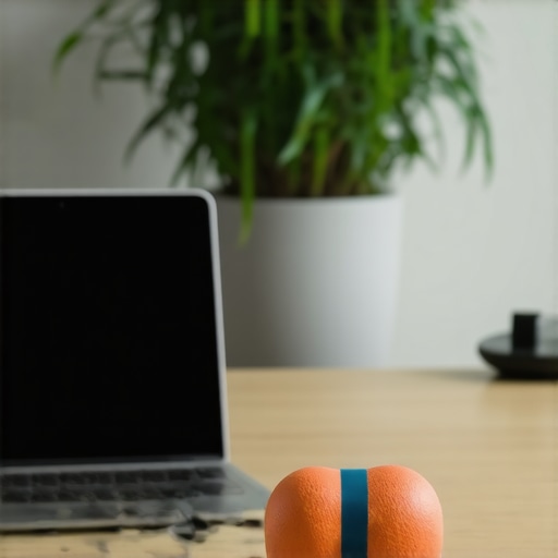 A peanut-shaped mobility tool made of two balls on a wooden desk.
