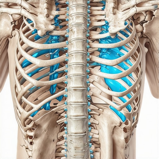 Anatomical view of the human rib cage and spine highlighting the joints responsible for breathing expansion.