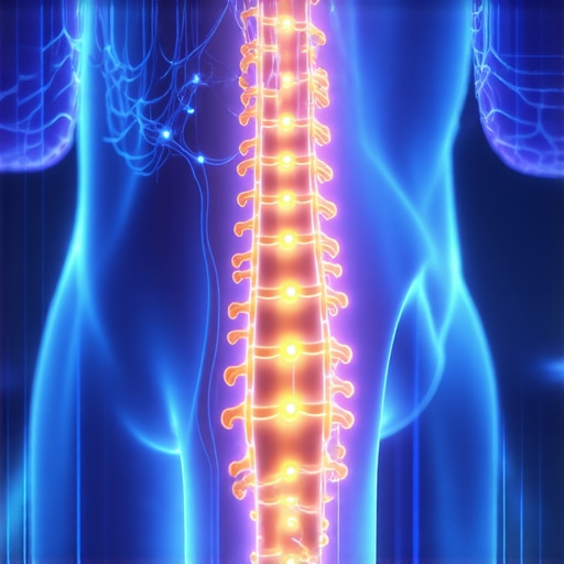 3D medical illustration showing the nervous system signals from the spine to the brain.