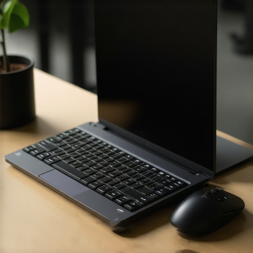 Portable ergonomic tools including a laptop stand and vertical mouse on a cafe table.