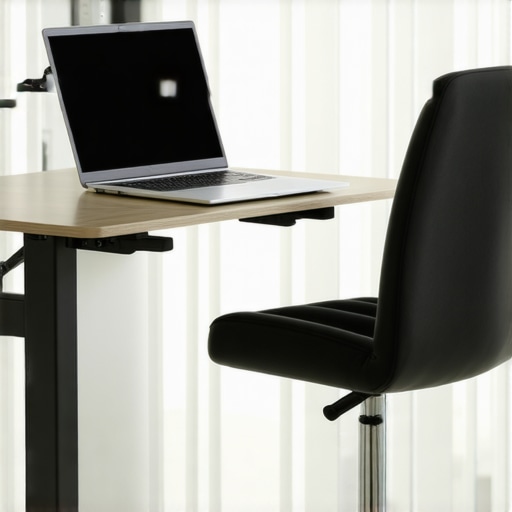 An ergonomic standing desk with a laptop riser and lumbar support chair for better posture.
