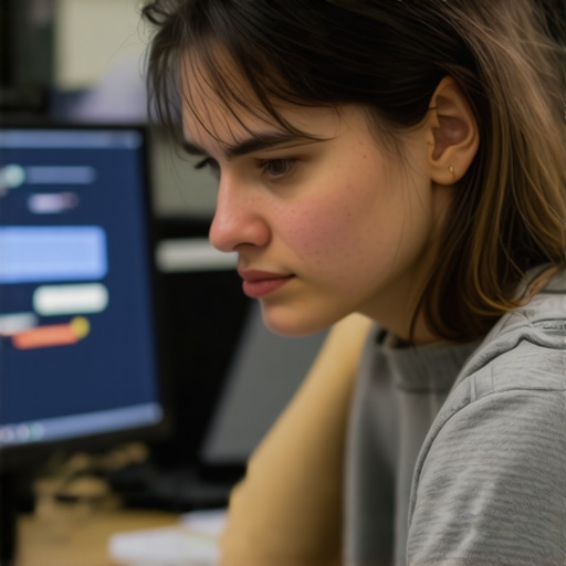 A person squinting at a computer screen showing how vision affects neck posture.