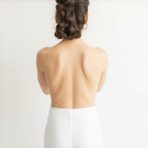 A person demonstrating a wall squeeze exercise to improve spinal alignment and fix rounded shoulders.