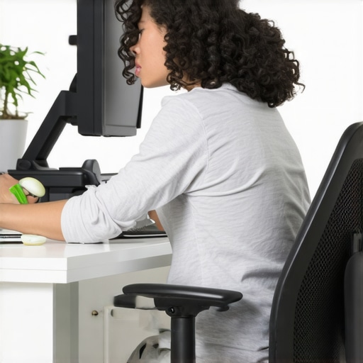 A person at a desk experiencing back pain despite having ergonomic equipment.