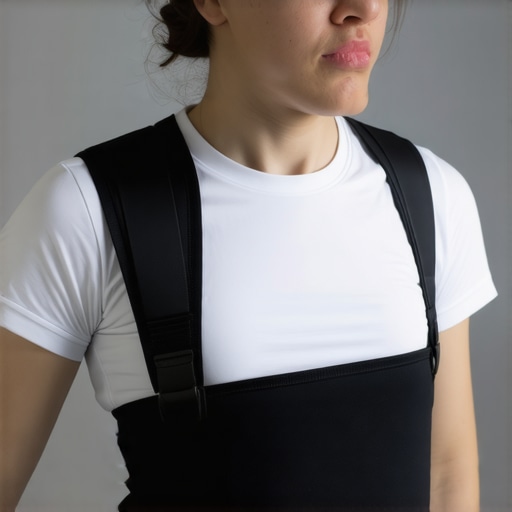 A person wearing a restrictive posture brace incorrectly