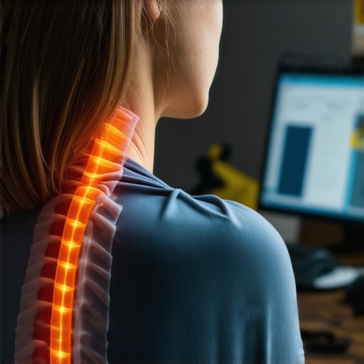 Diagram showcasing muscle tension in the upper traps and neck due to desk posture