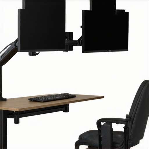 Ergonomic office setup including standing desk and lumbar support to prevent neck pain