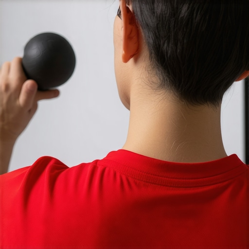 Man using a peanut mobility tool to relieve mid-back tension and improve spinal rotation.