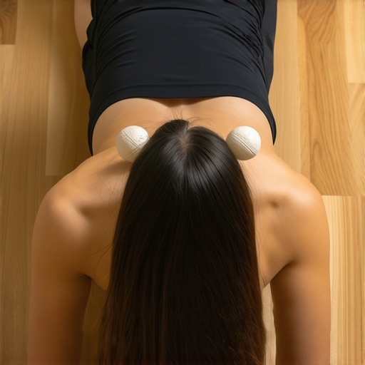 Thoracic Spine Maintenance with Peanut Tool Person using a peanut mobility tool between shoulder blades for rib and spine health.
