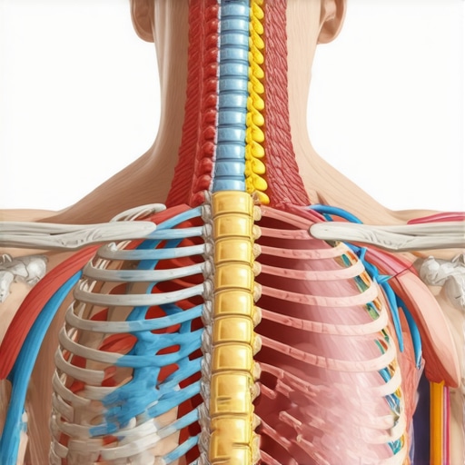 Anatomical view of rib cage expansion and spinal alignment during breathing.